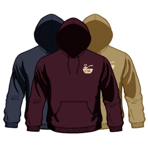 CSK hoodie, shown in maroon, blue and tan